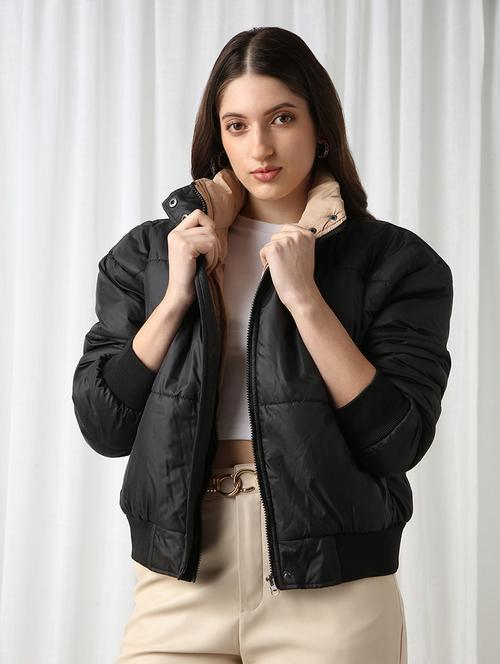 women black solid stand collar long sleeve puffer jacket - 22069722 - Standard Image - 0