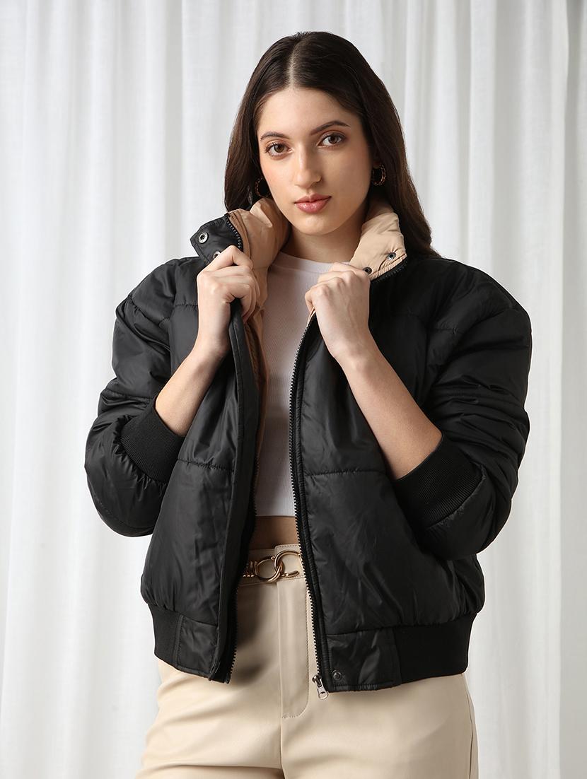 women black solid stand collar long sleeve puffer jacket - 22069722 - Zoom Image - 0