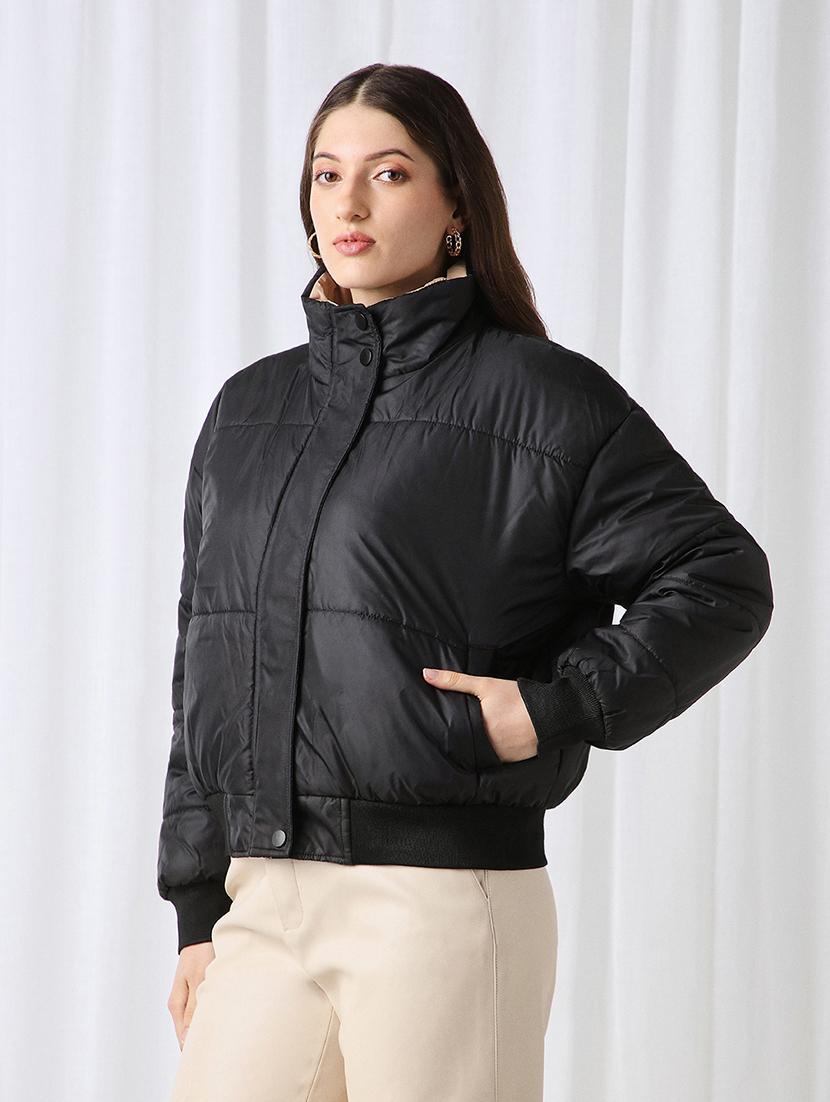 women black solid stand collar long sleeve puffer jacket - 22069722 - Standard Image - 1