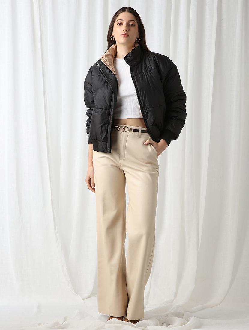 women black solid stand collar long sleeve puffer jacket - 22069722 - Standard Image - 4