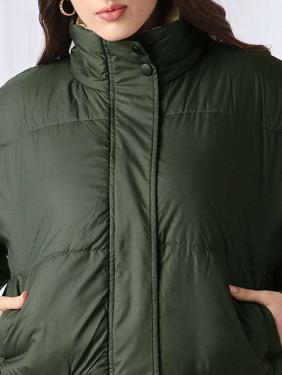 globus women olive high neck long sleeves winter wear puffer jacket - 22069723 -  Standard Image - 4