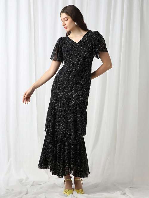 globus women black v-neck flared sleeves polka dot georgette layered fit & flare maxi party dress - 22069724 -  Standard Image - 0