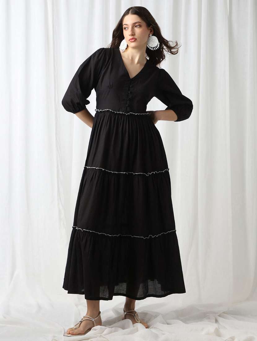 globus women black v-neck puff sleeves solid smocked gathered tiered fit & flare maxi dress