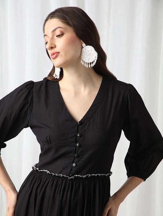 globus women black v-neck puff sleeves solid smocked gathered tiered fit & flare maxi dress - 22069725 -  Standard Image - 1