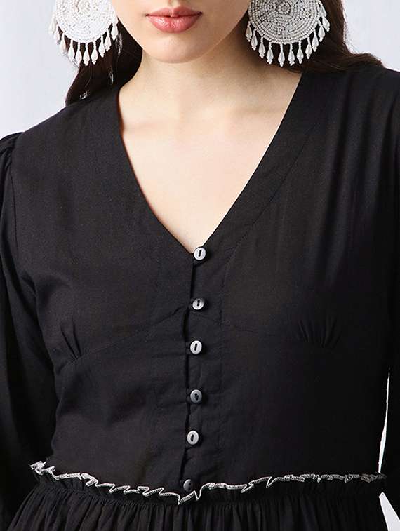 globus women black v-neck puff sleeves solid smocked gathered tiered fit & flare maxi dress - 22069725 -  Standard Image - 4