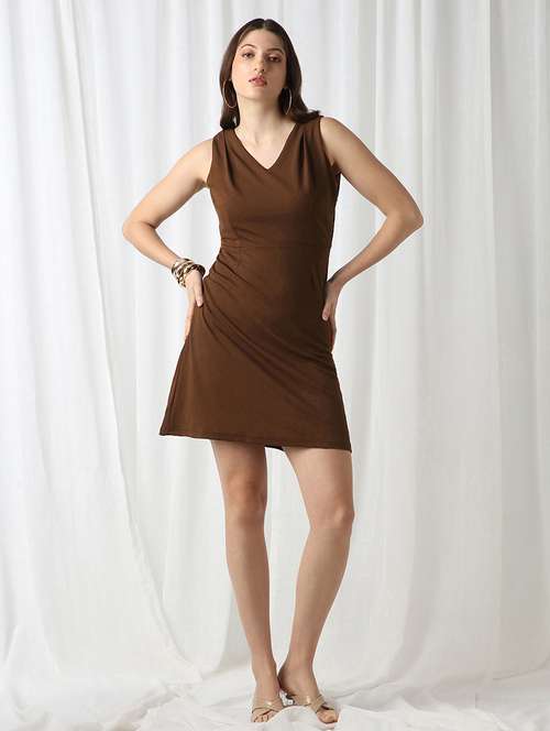 globus women brown v-neck sleeveless self design pleated detail mini fit & flare dress - 22069726 -  Standard Image - 0