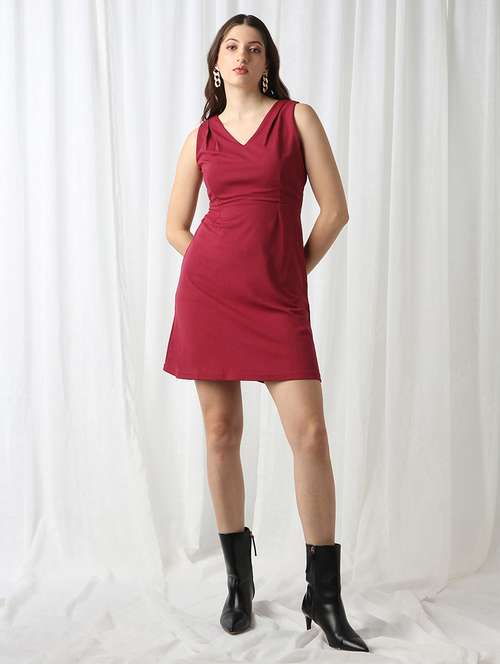globus women maroon v-neck sleeveless self design pleated detail mini fit & flare dress - 22069727 -  Standard Image - 0