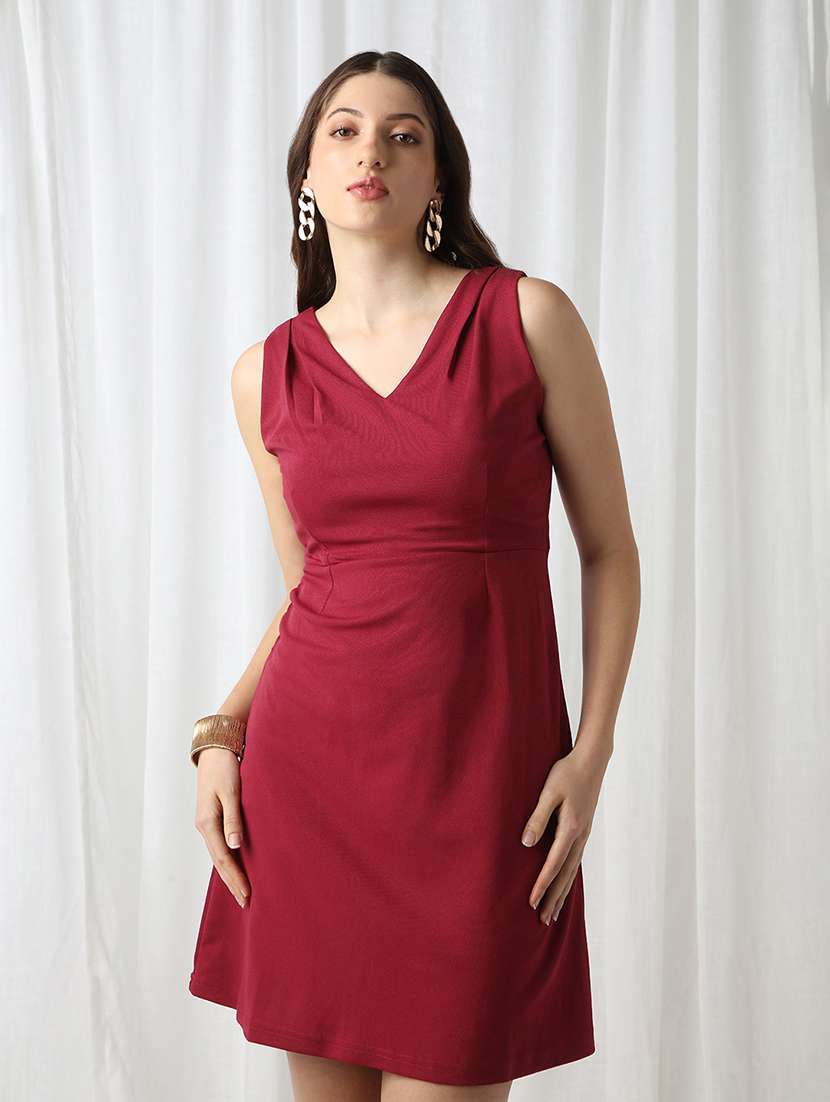 women maroon solid sleeveless a-line dress - 22069727 - Standard Image - 1
