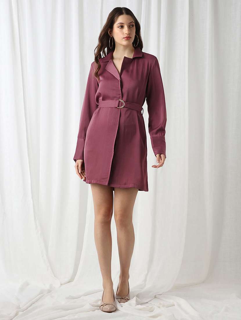 globus women pink notched lapel cuffed sleeves self design mini workwear blazer dress with d-ring belt