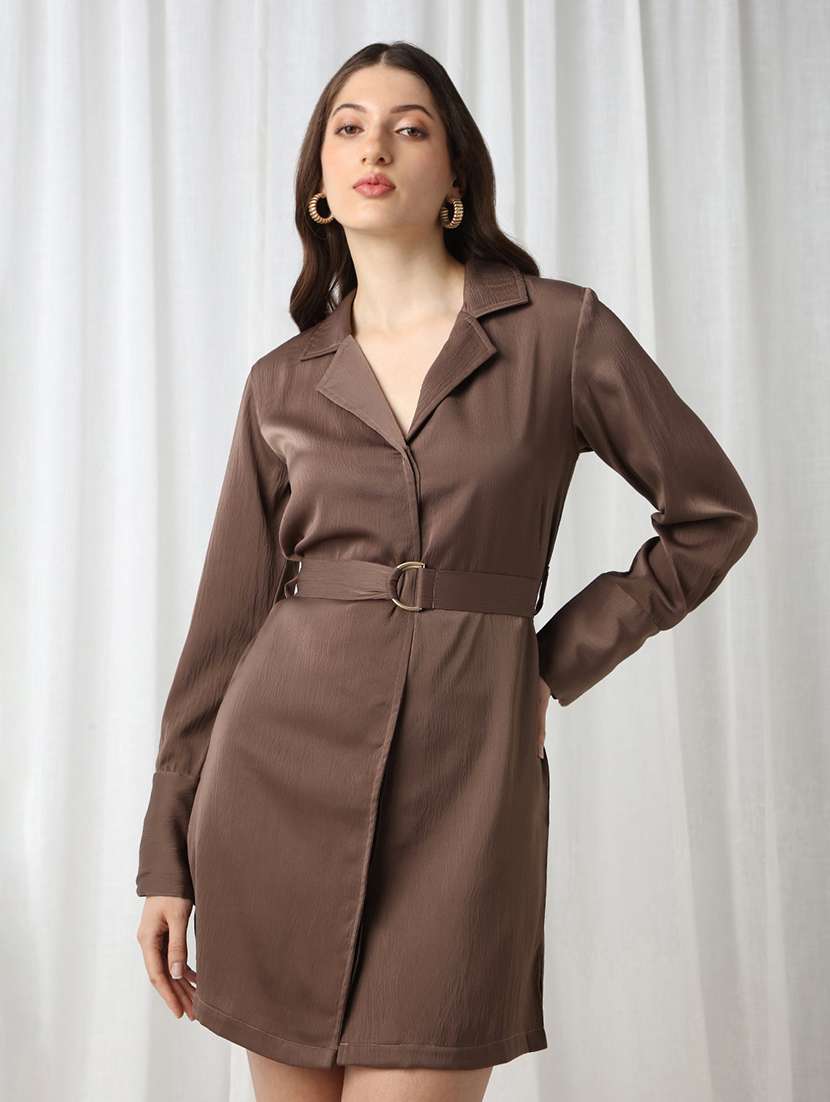 globus women brown notched lapel cuffed sleeves self design mini workwear blazer dress with d-ring belt - 22069729 -  Standard Image - 1