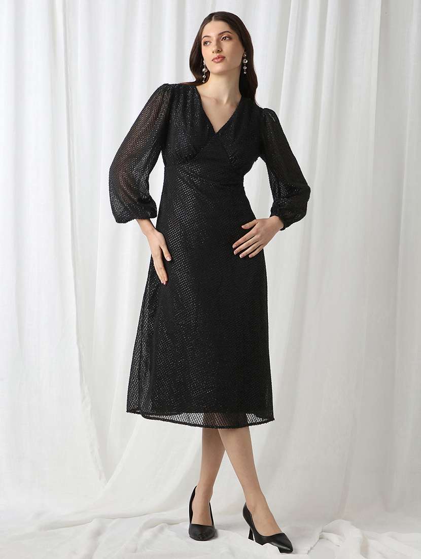 globus women black v-neck bishop sleeves lurex detail georgette fit & flare midi party dress - 22069732 -  Zoom Image - 0