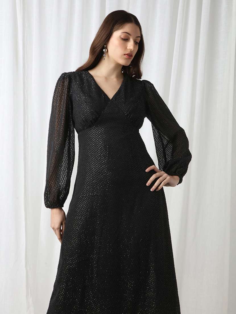 women black slef designed puff sleeve a-line dress - 22069732 -  Standard Image - 1