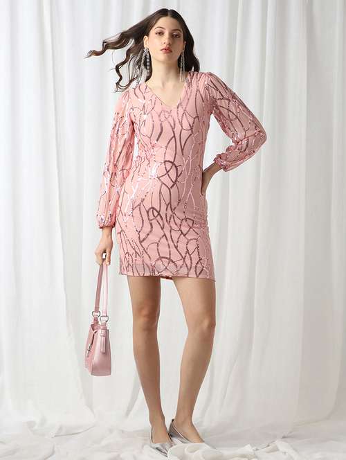 globus women pink v-neck bishop sleeves embellished mini bodycon party dress - 22069733 - Standard Image - 0