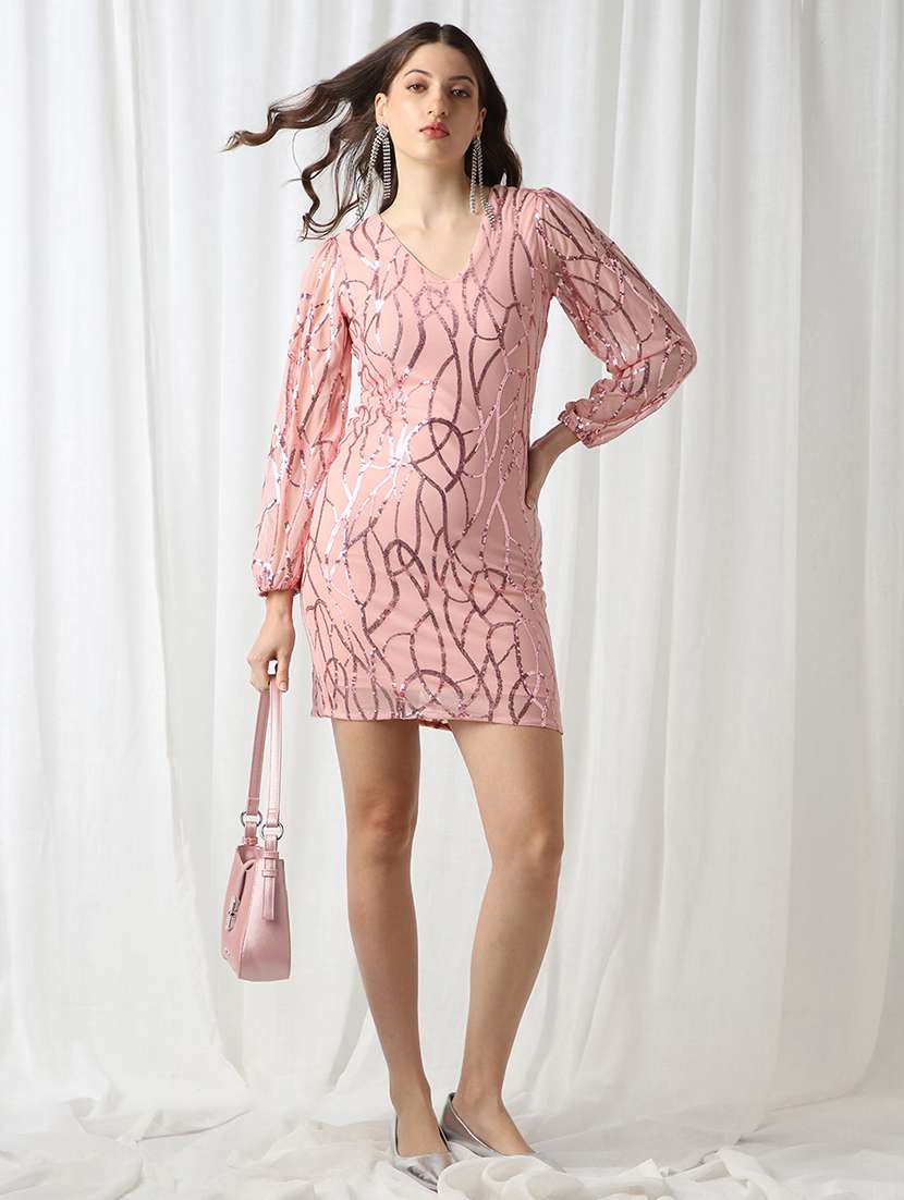 globus women pink v-neck bishop sleeves embellished mini bodycon party dress - 22069733 - Zoom Image - 0