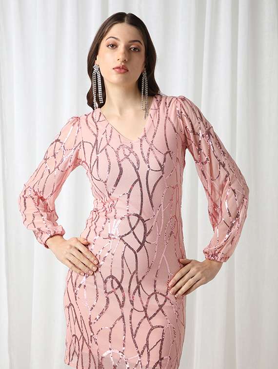 globus women pink v-neck bishop sleeves embellished mini bodycon party dress - 22069733 - Standard Image - 1