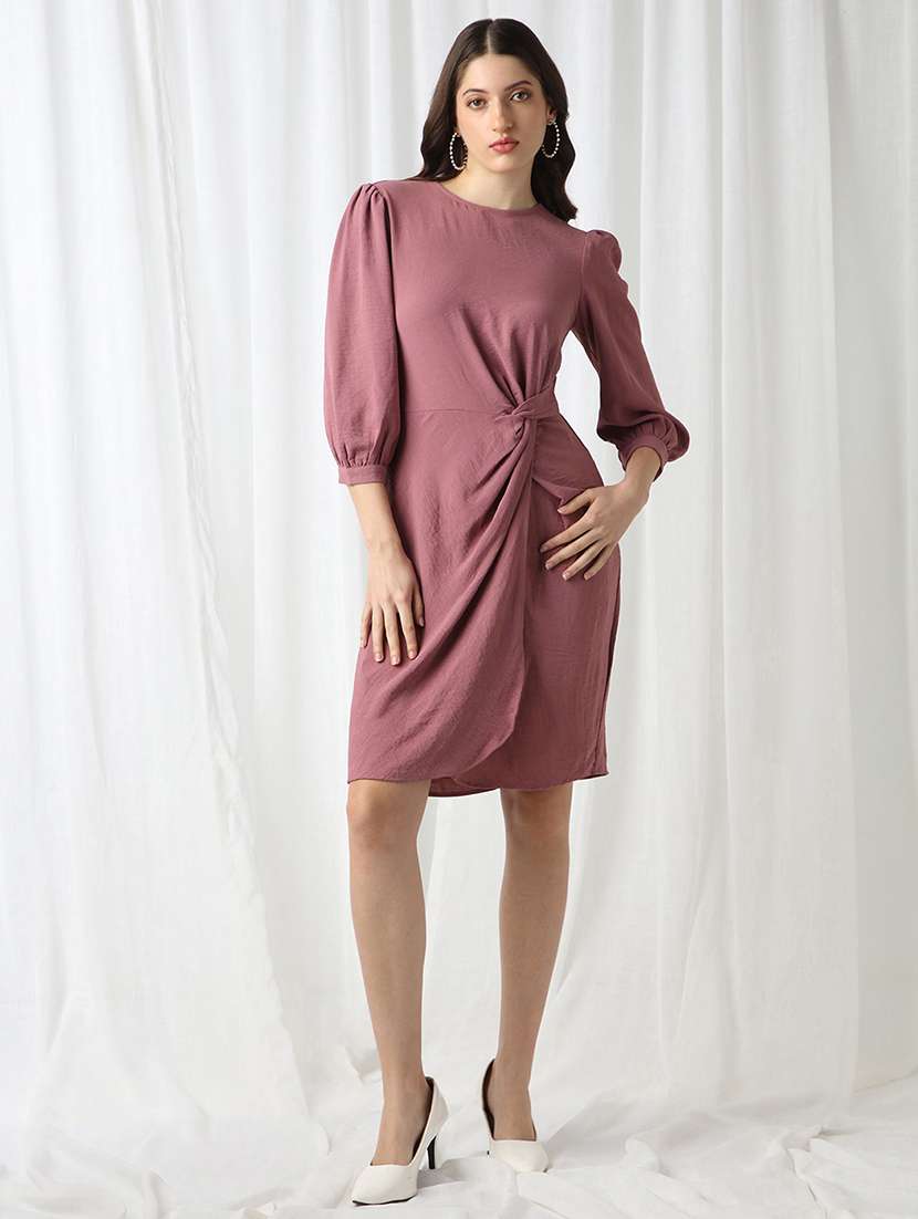 globus women pink round neck puff sleeves self design twisted detail mini workwear sheath dress