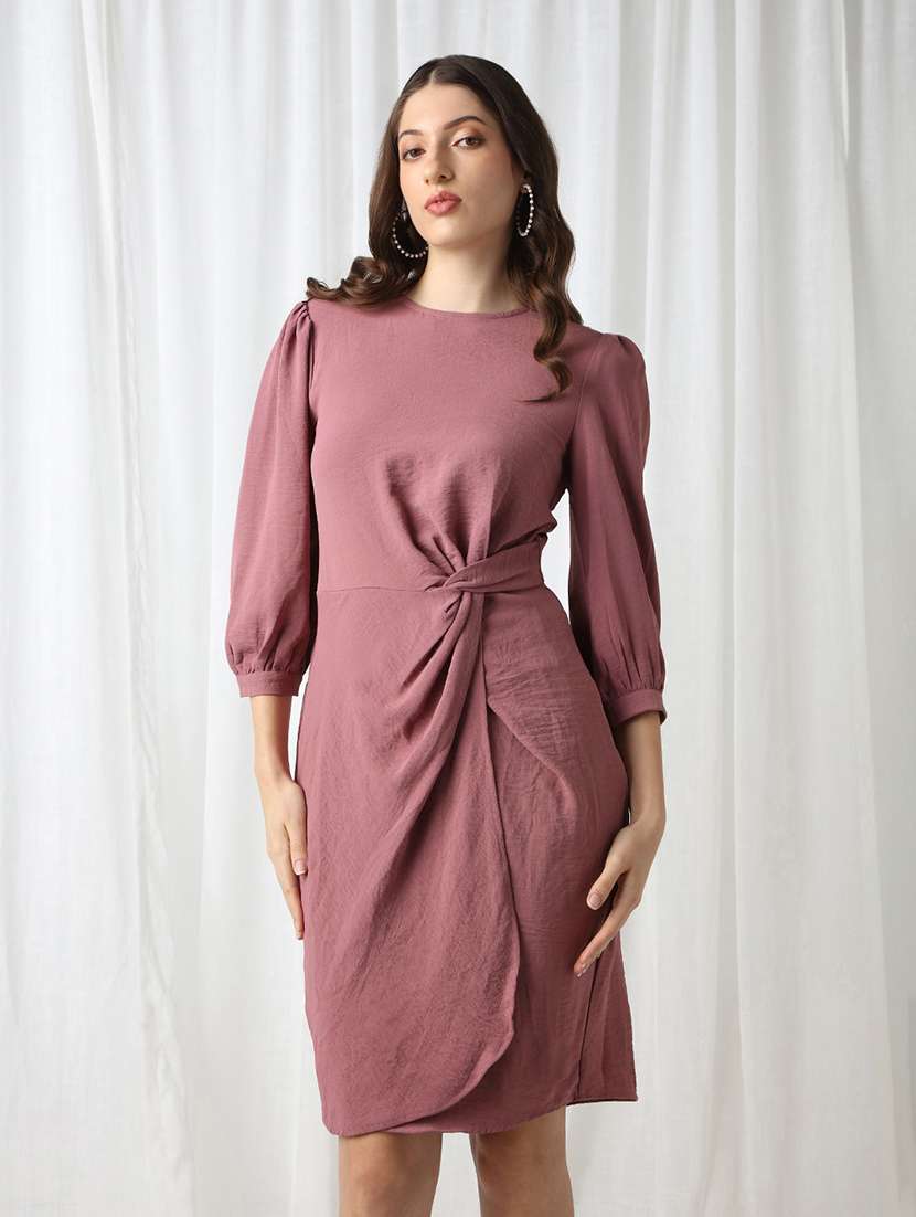 women mauve solid puff sleeve sheath dress - 22069735 - Standard Image - 1
