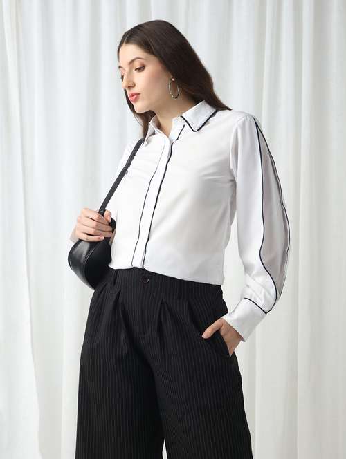 women white solid collared long sleeve shirt - 22069740 - Standard Image - 0
