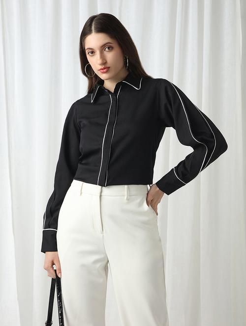 women black solid collared long sleeve shirt - 22069741 - Standard Image - 0