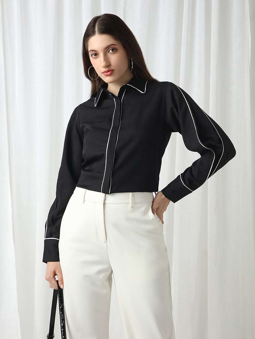 women black solid collared long sleeve shirt - 22069741 - Zoom Image - 0