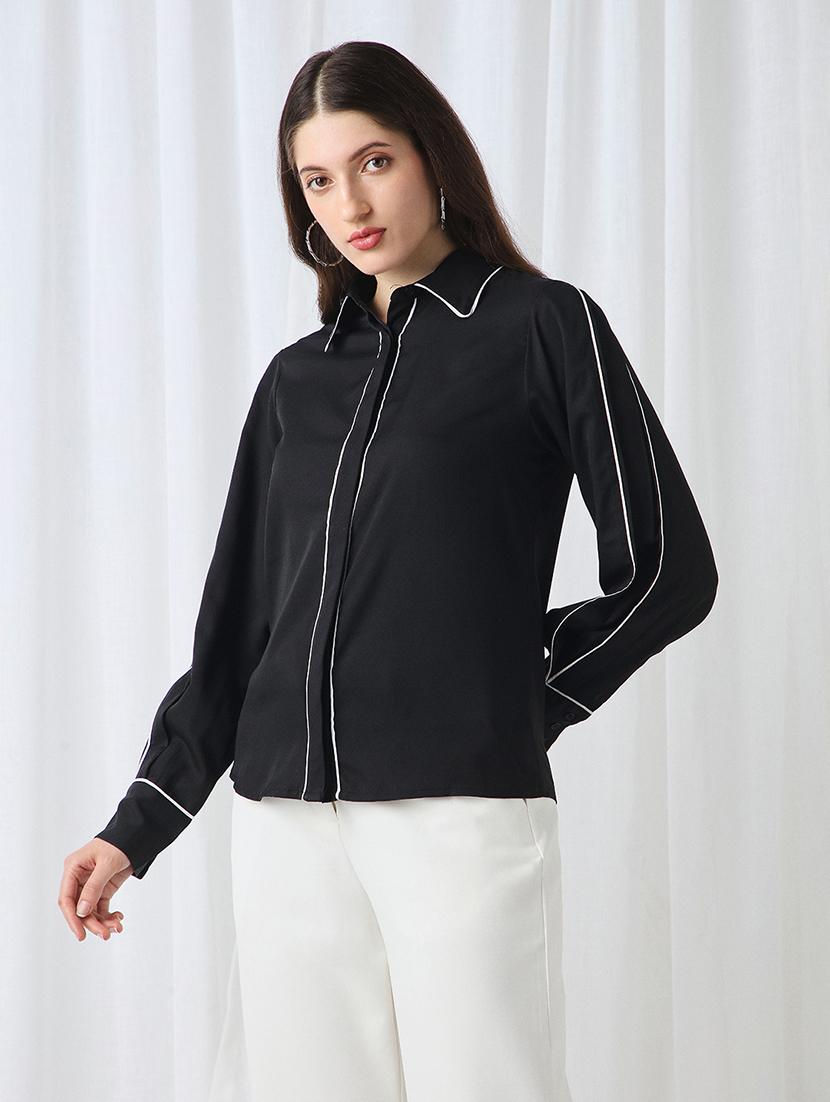 women black solid collared long sleeve shirt - 22069741 - Standard Image - 1