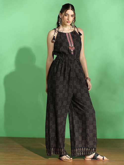 globus women black ethnic print embroidered halter neck tie-up sleeve wide leg fusion jumpsuit - 22069744 - Standard Image - 0
