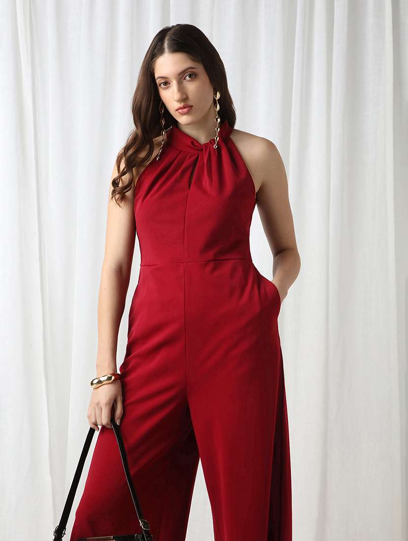 globus women maroon twisted halter neck sleevesless pleated detaling wide leg jumpsuit  - 22069745 -  Standard Image - 1