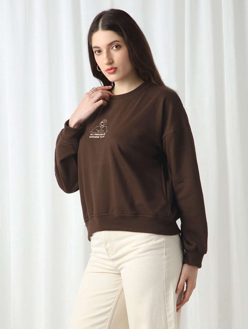 globus women brown drop shoulder sleeves graphic print ribbed hem oversized sweatshirt - 22069748 -  Standard Image - 1