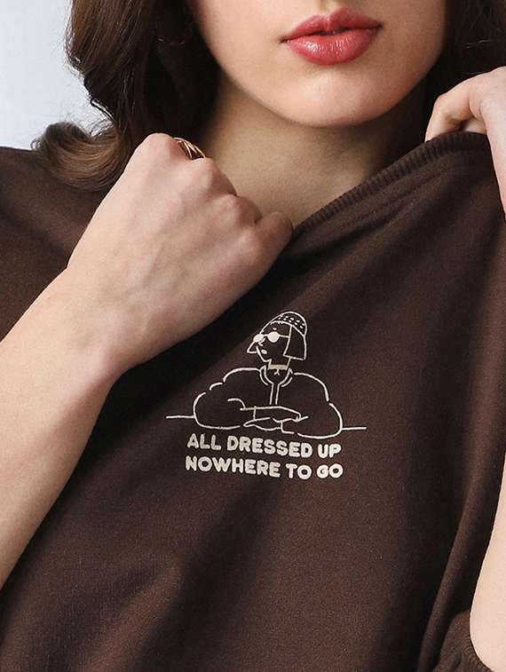 globus women brown drop shoulder sleeves graphic print ribbed hem oversized sweatshirt - 22069748 -  Standard Image - 4