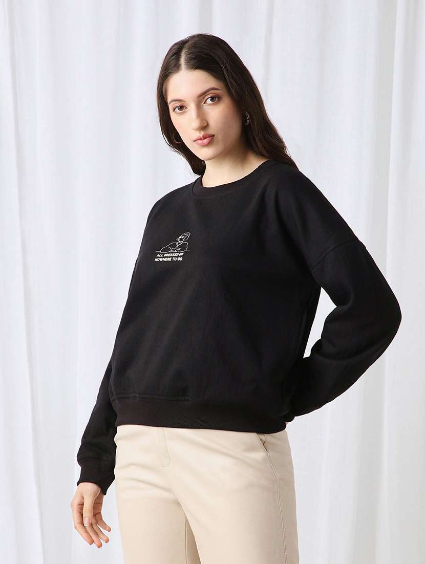 globus women black drop shoulder sleeves graphic print ribbed hem oversized sweatshirt - 22069749 -  Standard Image - 1