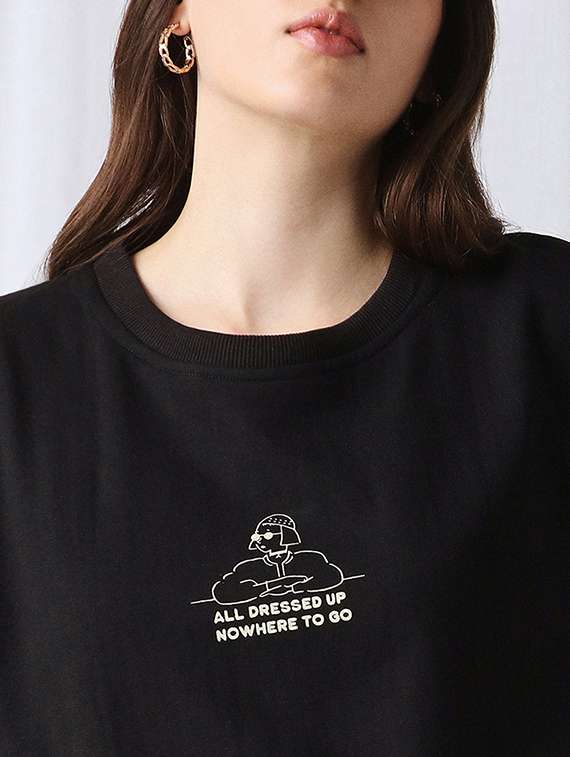 globus women black drop shoulder sleeves graphic print ribbed hem oversized sweatshirt - 22069749 -  Standard Image - 4