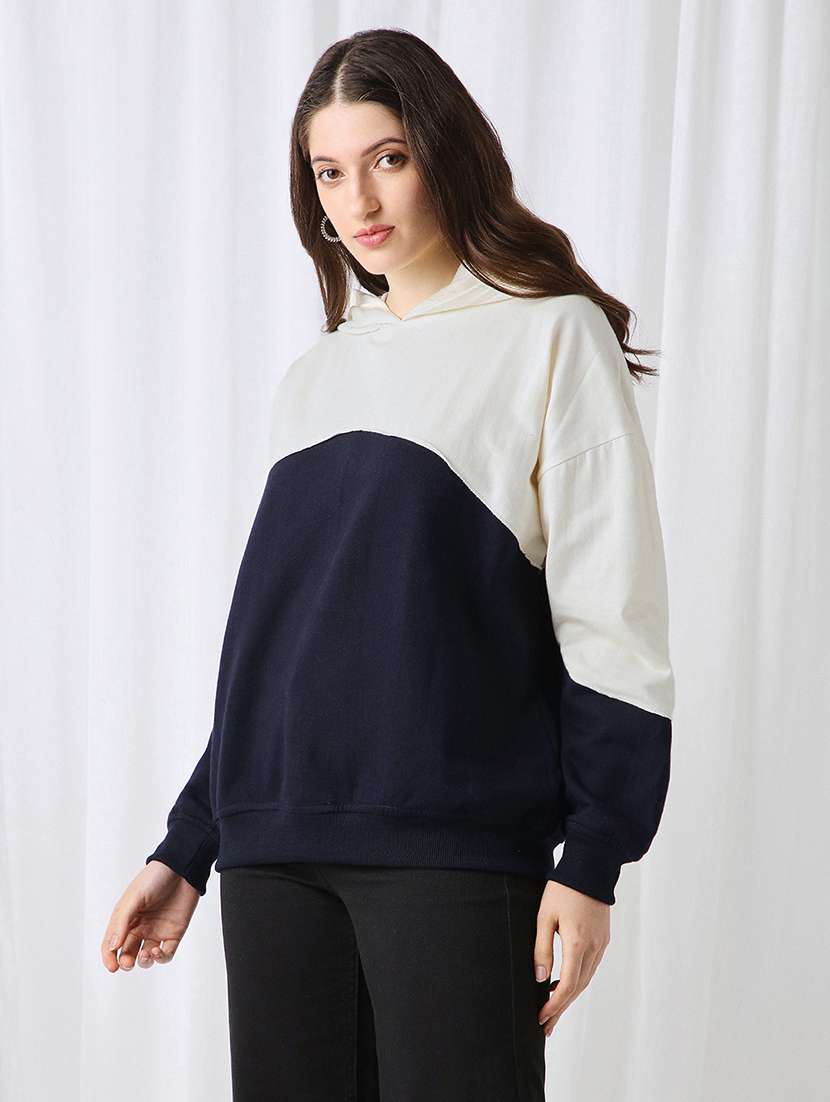 globus women navy blue colorblock drop shoulder sleeves ribbed hem hooded oversized sweatshirt - 22069750 -  Standard Image - 1