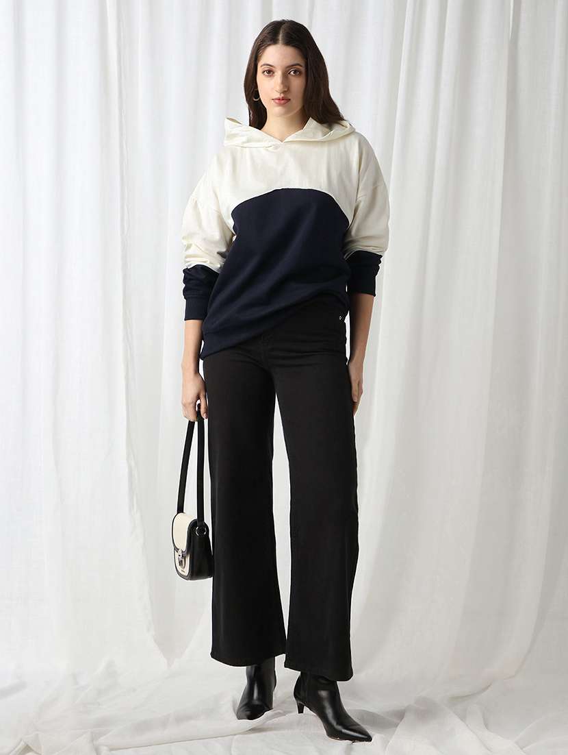 globus women navy blue colorblock drop shoulder sleeves ribbed hem hooded oversized sweatshirt - 22069750 -  Standard Image - 4