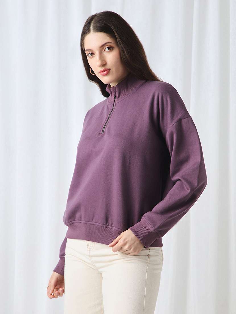 globus women lavender drop shoulder sleeves half zipper high neck ribbed hem oversized sweatshirt - 22069753 -  Standard Image - 1