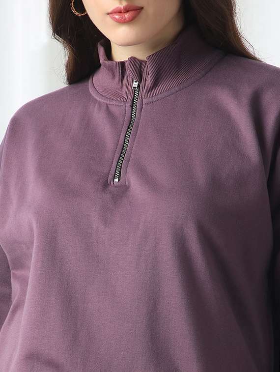 globus women lavender drop shoulder sleeves half zipper high neck ribbed hem oversized sweatshirt - 22069753 -  Standard Image - 4