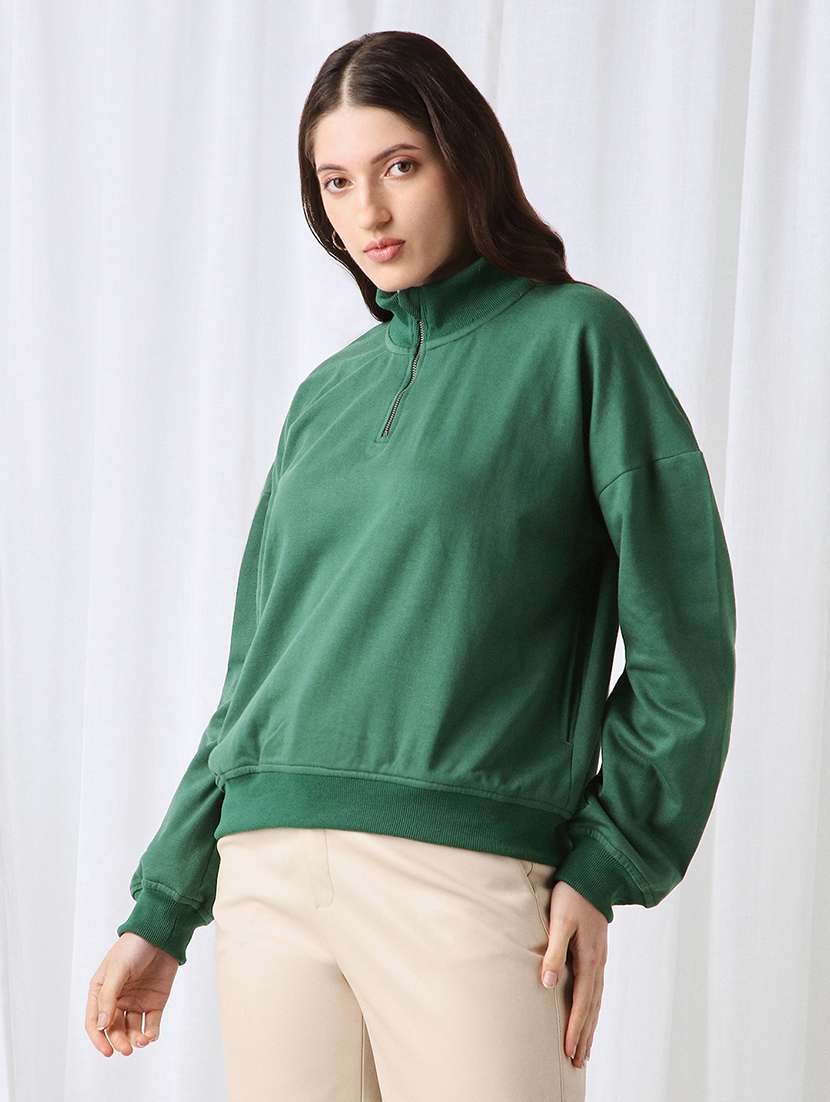 globus women green drop shoulder sleeves half zipper high neck ribbed hem oversized sweatshirt - 22069754 -  Standard Image - 1