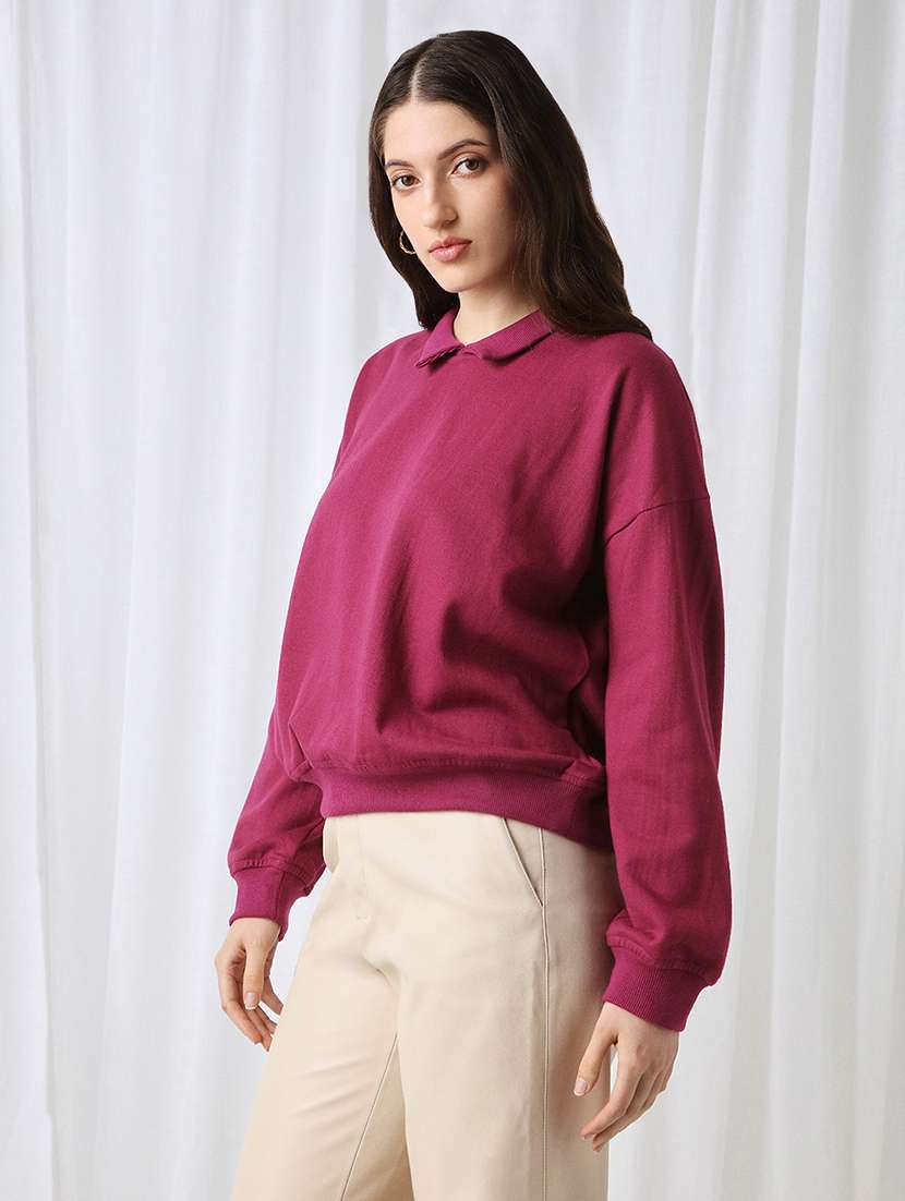 globus women pink collared neck drop shoulder sleeves ribbed hem oversized sweatshirt - 22069755 -  Standard Image - 1