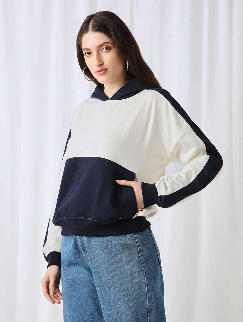 globus women navy blue colorblock drop shoulder sleeves kangaroo pocket hooded oversized sweatshirt - 22069757 -  Standard Image - 1