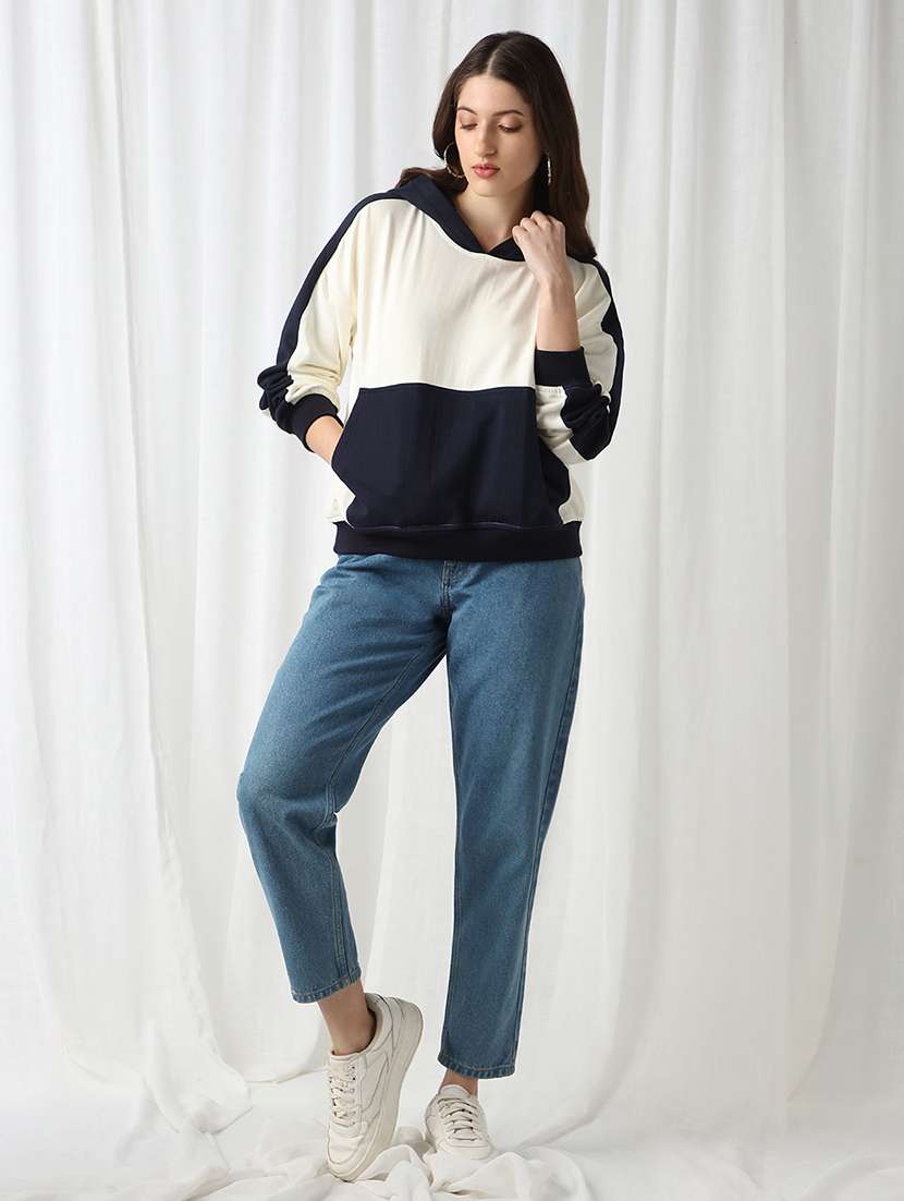 globus women navy blue colorblock drop shoulder sleeves kangaroo pocket hooded oversized sweatshirt - 22069757 -  Standard Image - 4