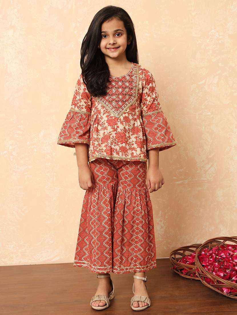 girls printed bell sleeve kurta and sharara set 