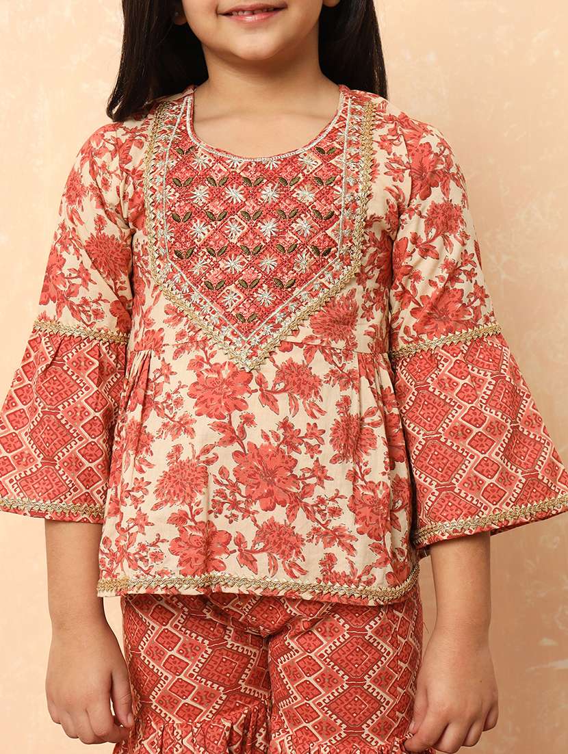 girls printed bell sleeve kurta and sharara set  - 22069765 -  Standard Image - 4