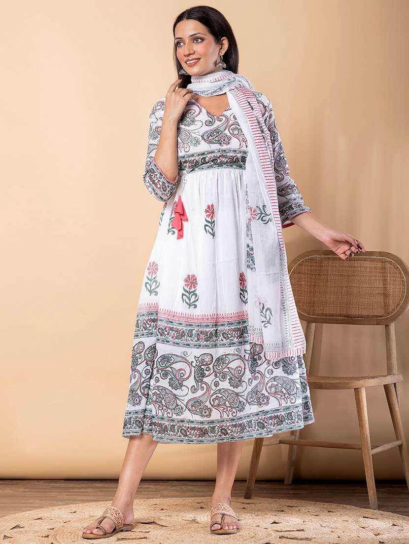 women printed three quarter sleeve kurta dupatta set - 22069766 -  Standard Image - 1