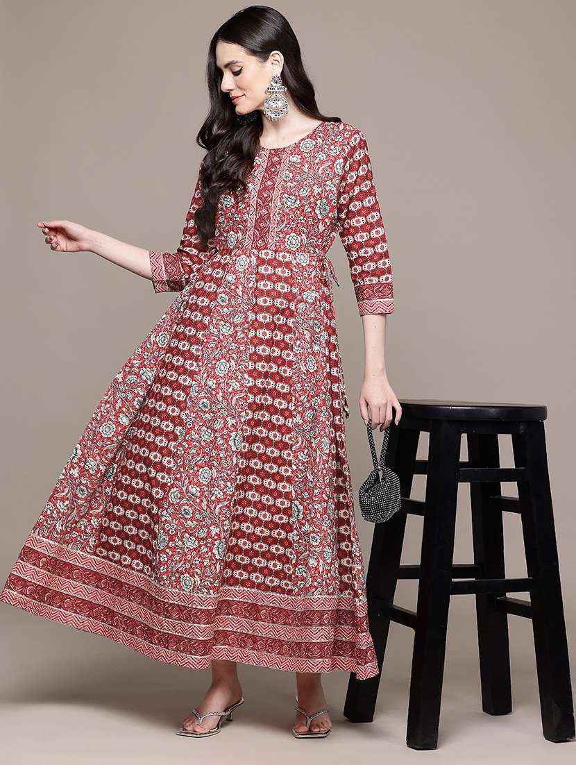 women printed three quarter sleeve ethnic dress