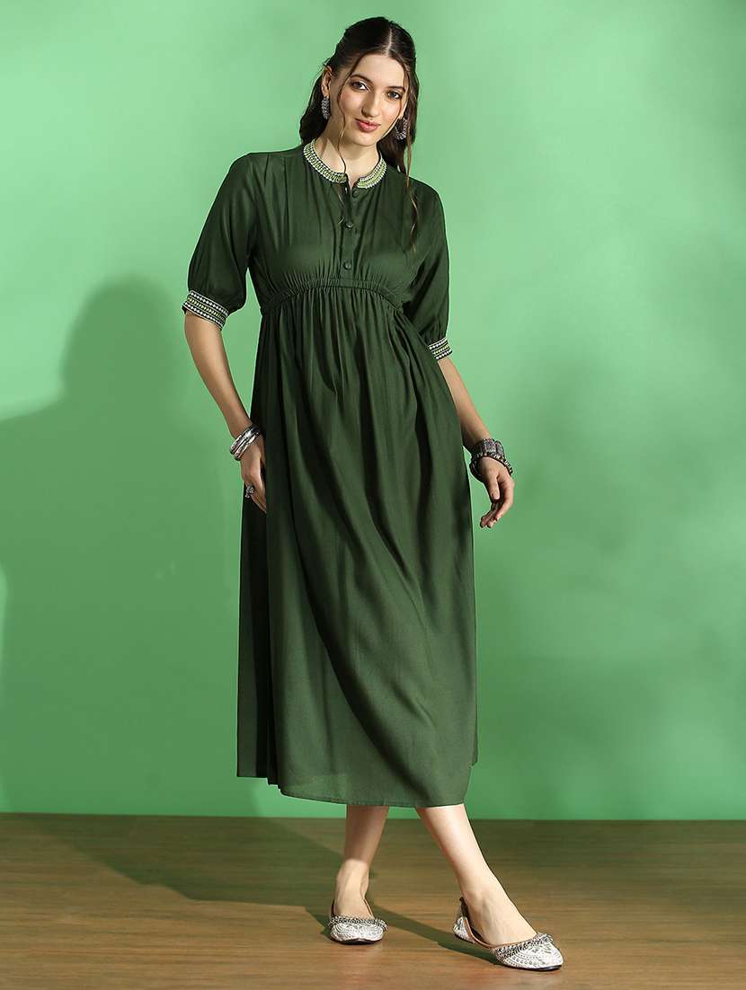 globus women green embroidered mandarin collar puff sleeve gathered details fit & flare midi dress