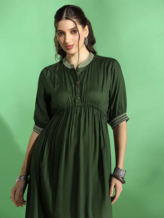 globus women green embroidered mandarin collar puff sleeve gathered details fit & flare midi dress - 22069768 -  Standard Image - 1