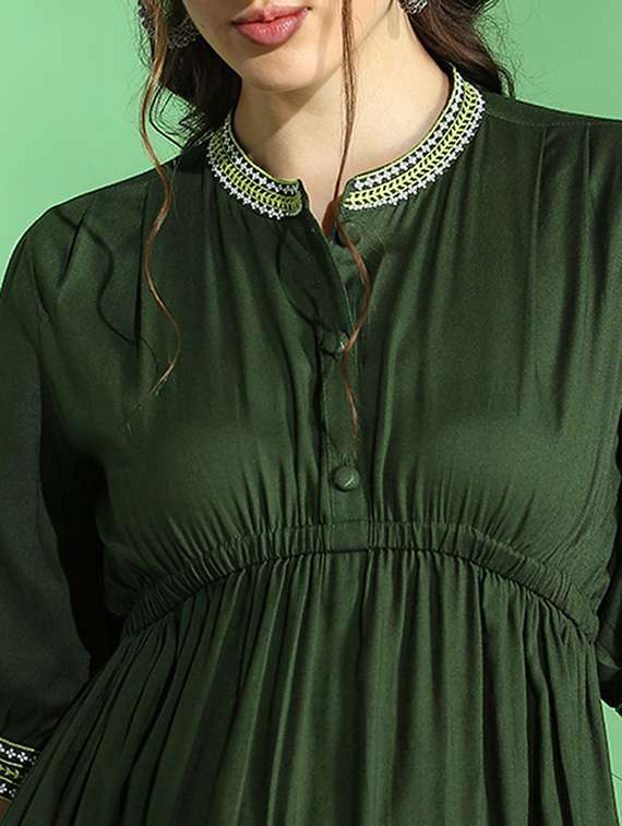 globus women green embroidered mandarin collar puff sleeve gathered details fit & flare midi dress - 22069768 -  Standard Image - 4