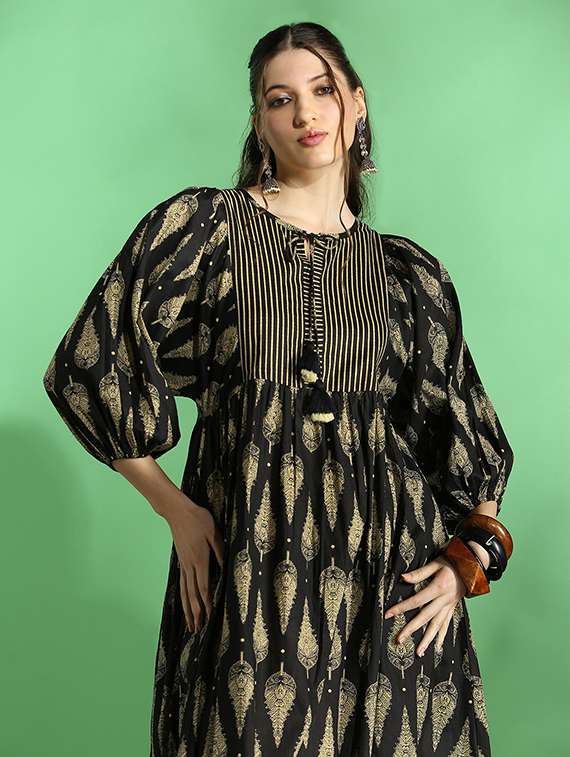 globus women black ethnic print round tie-up neck bishop sleeves tiered fit & flared midi dress - 22069769 -  Standard Image - 1