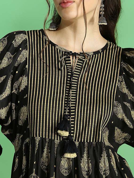 globus women black ethnic print round tie-up neck bishop sleeves tiered fit & flared midi dress - 22069769 -  Standard Image - 4