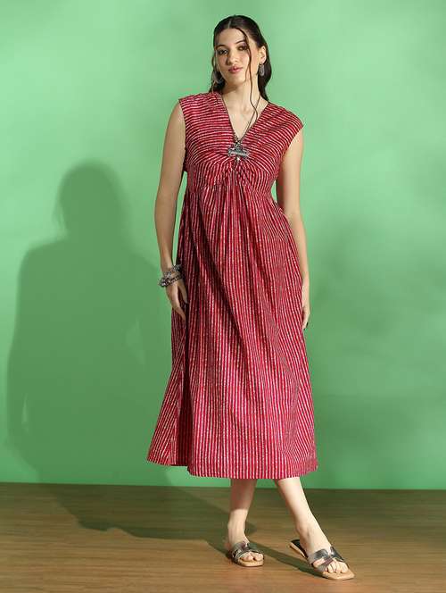 globus women fuchsia stripes twisted v-neck extended sleeves pleated fit & flare midi fusion dress - 22069770 -  Standard Image - 0