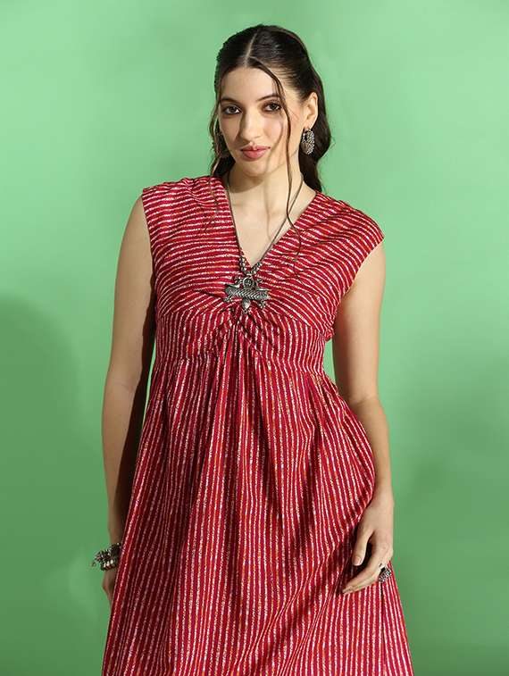 globus women fuchsia stripes twisted v-neck extended sleeves pleated fit & flare midi fusion dress - 22069770 -  Standard Image - 1